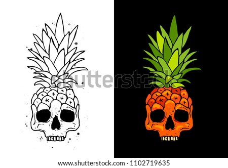 Skull fruit pineapple. Cute vector illustration. Tattoo concept.