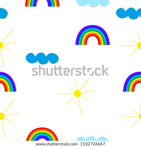 Seamless pattern of rainbow, sun and cloud.