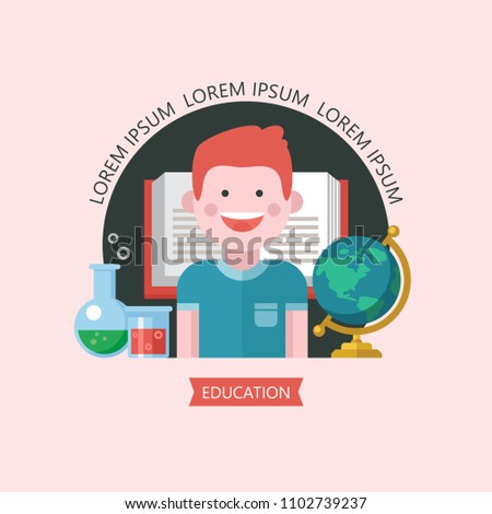 Vector emblem of education. Logo of school, College.  Vector clip art in flat style. Cheerful student boy on the background of an open book, globe and chemical flasks.