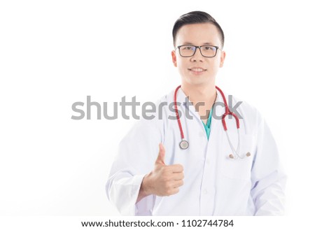 smart Asian doctor showing thump up sign , he feeling happy and smiling
