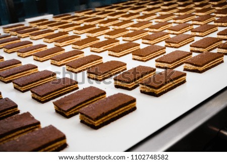 Multi-layer chocolate cakes on the conveyor Royalty-Free Stock Photo #1102748582