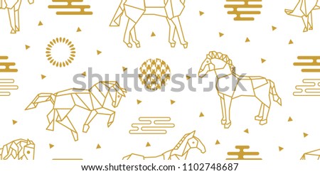 Seamless vector pattern with horses and abstract geometric elements. White and golden print with Japanese and Chinese paper art motifs.