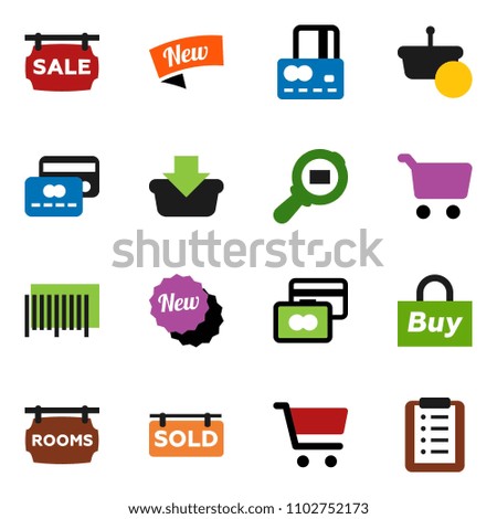 solid vector ixon set - cart vector, credit card, cargo search, sale signboard, rooms, sold, new, buy, barcode, basket, shopping list