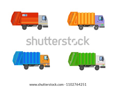 Set of garbage trucks. Cars. Isolated Vector Illustration.

