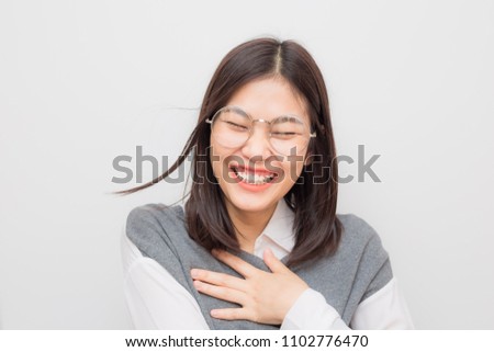 Laughing of asian beautiful positive thinking women with short hair on white background