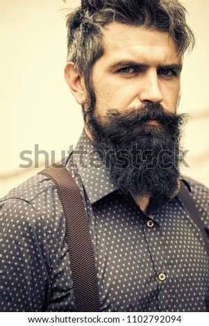Elegant Man in Suit. Closeup view of one handsome senior stylish man with black hair and long lush beard in blue shirt standing outdoor on white wall background, vertical picture