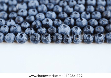 Ripe, wild fleshly picked blueberries on the white wooden table background, concept of vitamins and healthy food. Blueberry border geometric design, copy space for your text 