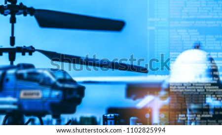 Government Military Technology Blurry Abstract Background, Helicopter And Drone With Computer Programming Code, Concepts Of Modern Military Operation. 