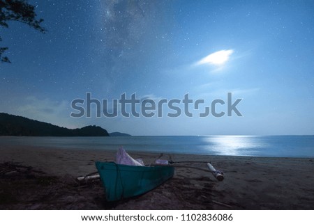 Milky way at Kelambu Beach, Sabah Malaysia. Soft focus, blur and noise due to long expose and high ISO.