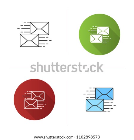 Mailing icon. Correspondence. Flying envelopes. Messenger. Email. Flat design, linear and color styles. Isolated vector illustrations