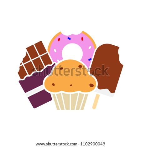 Sweets glyph color icon. Confectionery. Chocolate bar, doughnut, muffin with raisins, ice cream. Silhouette symbol on white background with no outline. Negative space. Vector illustration
