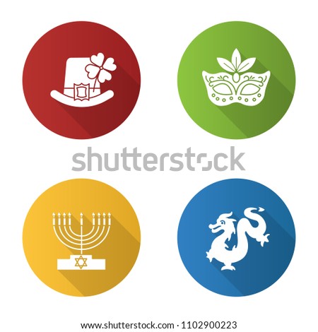 Holidays flat design long shadow glyph icons set. St. Patrick's Day, Mardi Gras, Hanukkah, Chinese New Year. Vector silhouette illustration