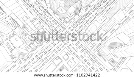 City street Intersection traffic jams road 3d drawing. Black lines outline contour style Very high detail projection view. A lot cars end buildings top view Vector illustration Royalty-Free Stock Photo #1102941422