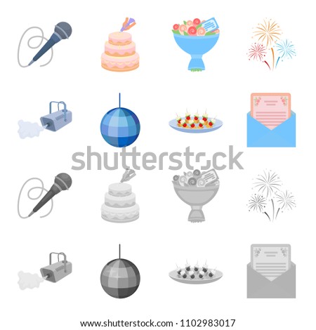 A video camera with smoke, a twirling holiday ball, a plate of sandwiches, an envelope with a greeting card. Event services set collection icons in cartoon,monochrome style vector symbol stock