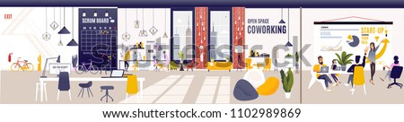 Creative Office Co-working Center. Shared working environment. People talking and working at the computers in the open space office. Modern Workplace. Flat Vector Illustration Co-working Center. Royalty-Free Stock Photo #1102989869