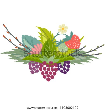 Composition with vintage forest wild berries. Illustration with torn edges and brush effect. Can be used for invitation, poster, packaging. Vector