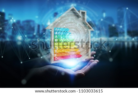 Businesswoman on blurred background using 3D rendering energy rating chart in a wooden house