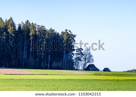 Green meadows in front of agricultural used areas, Southern Germany