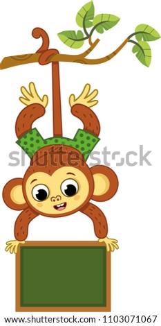 Cute monkey on a tree swinging with a board. Vector illustration.