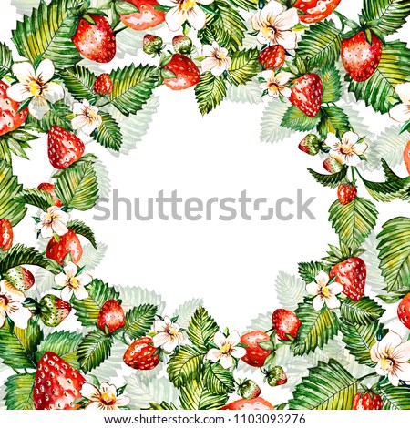 Watercolor floral background with strawberries. Summer card with copy space. Frame with watercolor strawberries. Hand painted background