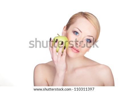 bright closeup portrait picture of beautiful woman with green apple
