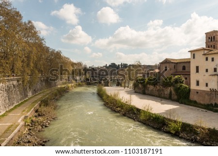Horizontal picture of Tiber River, important river of Rome City in Italy