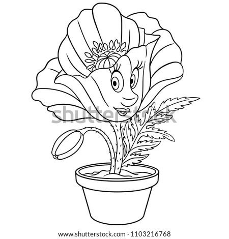 Coloring page. Coloring book. Poppy flower in a pot. Happy cartoon design for t-shirt print, icon, logo, label, patch, sticker. Vector illustration.