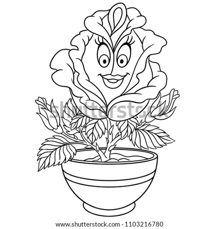 Coloring page. Coloring book. Rose flower in a pot. Happy cartoon design for t-shirt print, icon, logo, label, patch, sticker. Vector illustration.