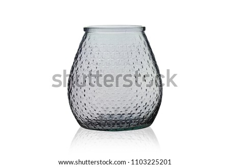 Vase of rounded form of transparent glass with symbols on white background