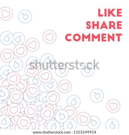 Social media icons. Social media marketing concept. Falling scattered thumbs up hearts. Scattered bottom left corner elements on white background.