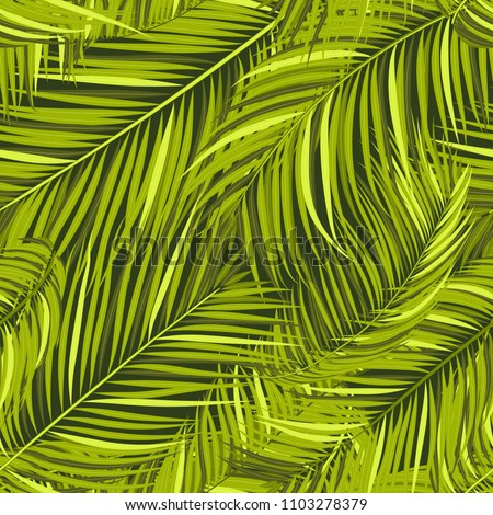 Seamless Pattern of Palm Leaves. Trendy Vector Tropical Background. Realistic Exotic Jungle Foliage in Modern Style. Tropic Seamless Pattern for Print, Paper, Fabric, Textile, Wallpaper, Wrapping.