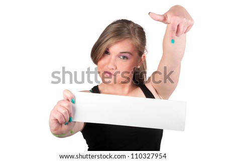 young woman holding a blank paper