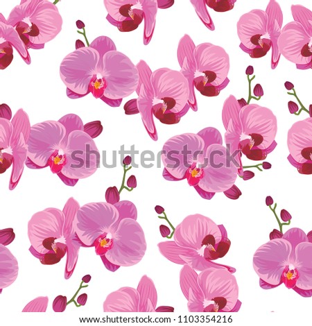 Seamless pattern of purple orchid background. Vector set of exotic tropical floral for holiday invitations, greeting card and fashion design.