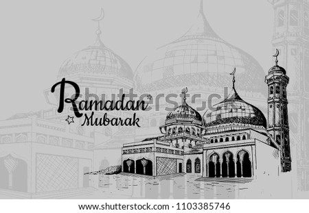 
Ramadan Mubarak free hand drawing sketch of mosque. Vector illustration for ramadan poster, flyer, greeting card, banner and template