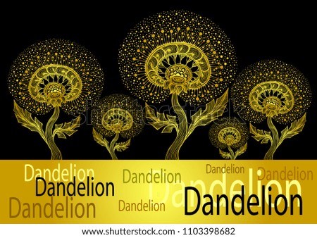 Template banner from Dancing Decorative Dandelion in Zen tangle style gold on black made by trace for decoration package cosmetic perfume or other things
