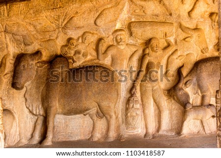 Rock relief carving in mahabalipuram, Tamil Nadu, India