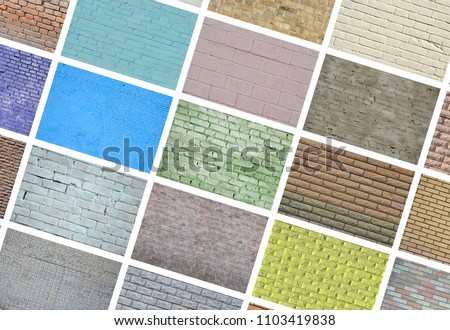 A collage of many pictures with fragments of brick walls of different colors close-up. Set of images with varieties of brickwork