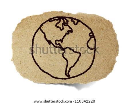 drawing of the earth, world out line illustration on recycle paper