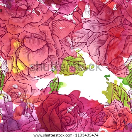 vintage vector floral seamless pattern with rose flowers and watercolor paint stains, hand drawn background