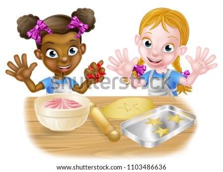 Cartoon girl children, one black one white, dressed as chefs or bakers baking cakes and cookies