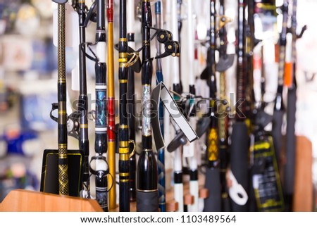 stand with diverse fishing rods in the sports shop indoor