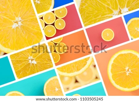 A collage of many pictures with juicy oranges. Set of images wit