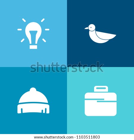 Modern, simple vector icon set on colorful background with idea, sport, suitcase, concept, modern, wildlife, bird, sky, baseball, clothing, electric, black, electricity, work, object, sign, cap icons