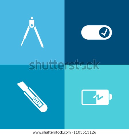 Modern, simple vector icon set on colorful background with white, empty, metal, compass, silhouette, art, fuel, plan, construction, half, slice, knife, generation, measurement, work, charge,  icons