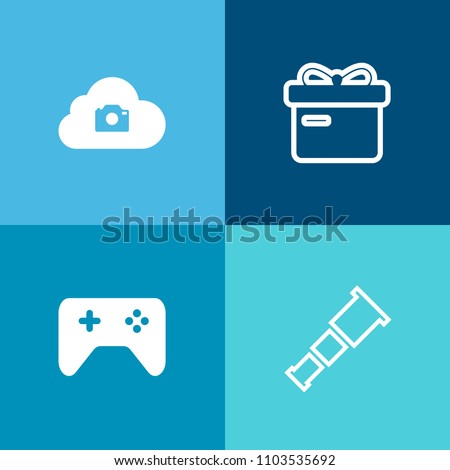 Modern, simple vector icon set on colorful background with gaming, celebration, controller, star, decoration, universe, network, web, science, play, game, christmas, button, sign, telescope, bow icons