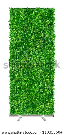 blank roll up banner display and green grass textured, isolated on white with clipping path