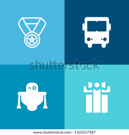 Modern, simple vector icon set on colorful background with trophy, school, futuristic, win, digital, competition, bus, surprise, first, gift, white, vehicle, technology, prize, sign, trip, box icons