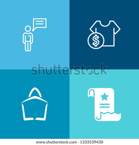 Modern, simple vector icon set on colorful background with shirt, paper, person, talk, people, note, discount, purchase, concept, clothes, page, form, message, sign, office, bag, cost, retail,  icons