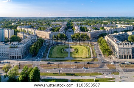 Krakow, Poland.  Aerial panorama of Nowa Huta (New Steel Mill), one of only two entirely planned and build socialist realist settlements in the world. Originally the town, now a district of Cracow