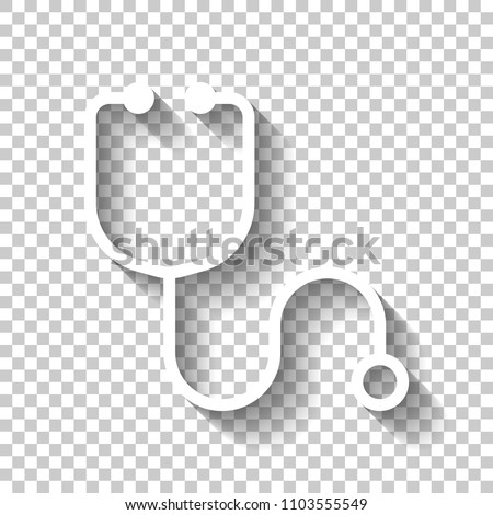 Simple stethoscope icon. Linear, thin outline. White icon with shadow on transparent background